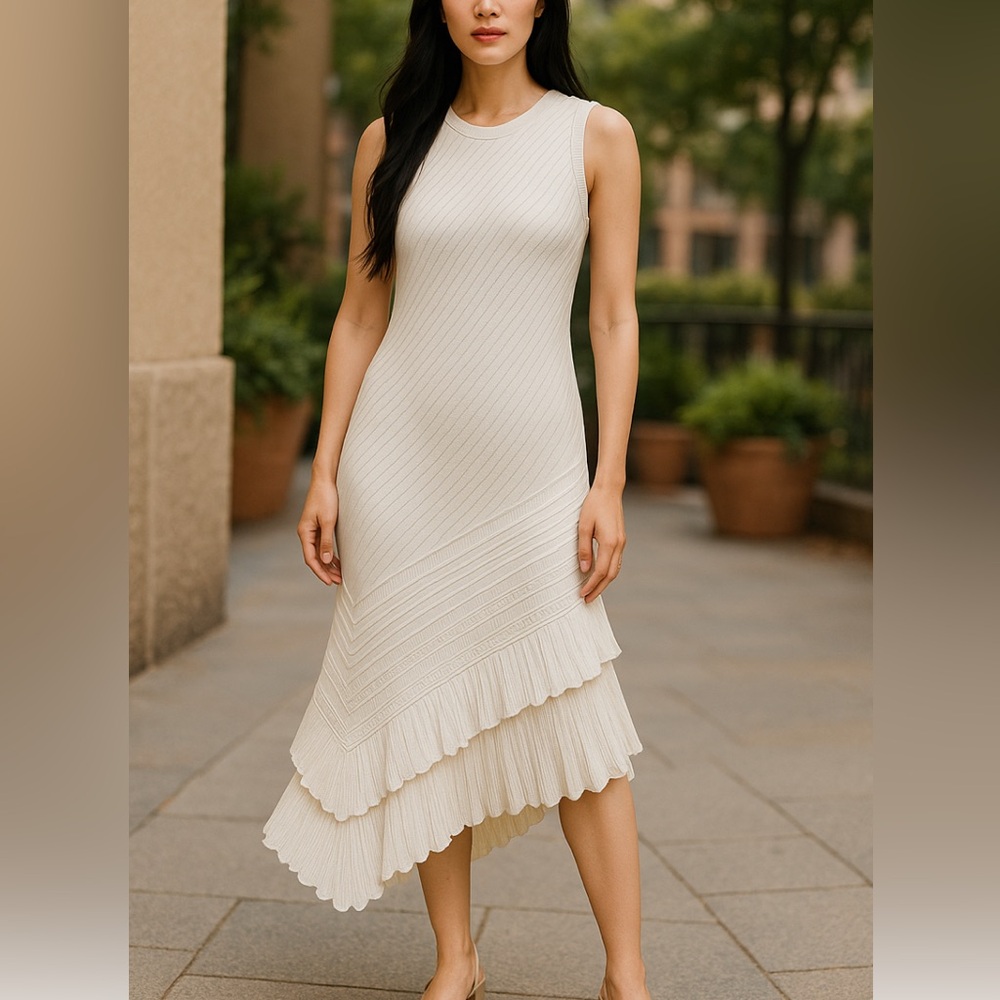 Roberto Cavalli Cream Ribbed Sleeveless Midi Dress